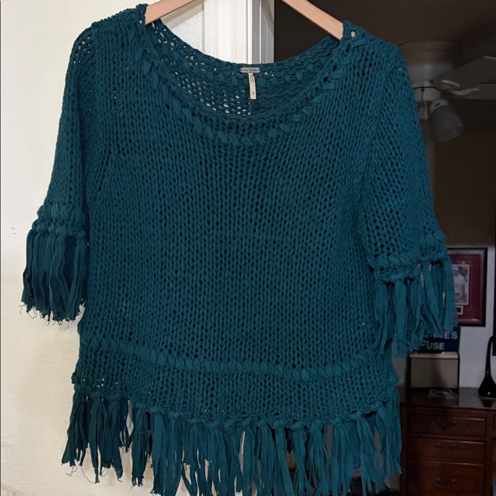 Free People Teal Open-Knit Fringe Scoop Sweater